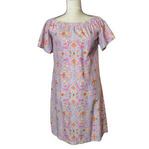 J McLaughlin Sz S Marina Off Shoulder Silk Blend Dress Pink Orange Cap Sleeve